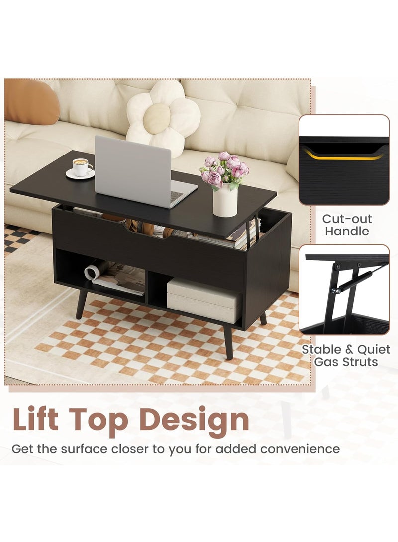 Giantex Lift Top Coffee Table, Wooden Lift Top Dining Table w/Hidden Storage Compartment & 2 Storage Shelves, Raisable Top Coffee Table for Living Room, Study, Office, Meeting Room (Black) - Image 3